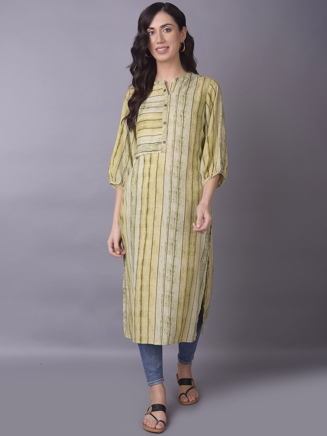 

Shree Striped Mandarin Collar Liva Straight Kurta, Olive