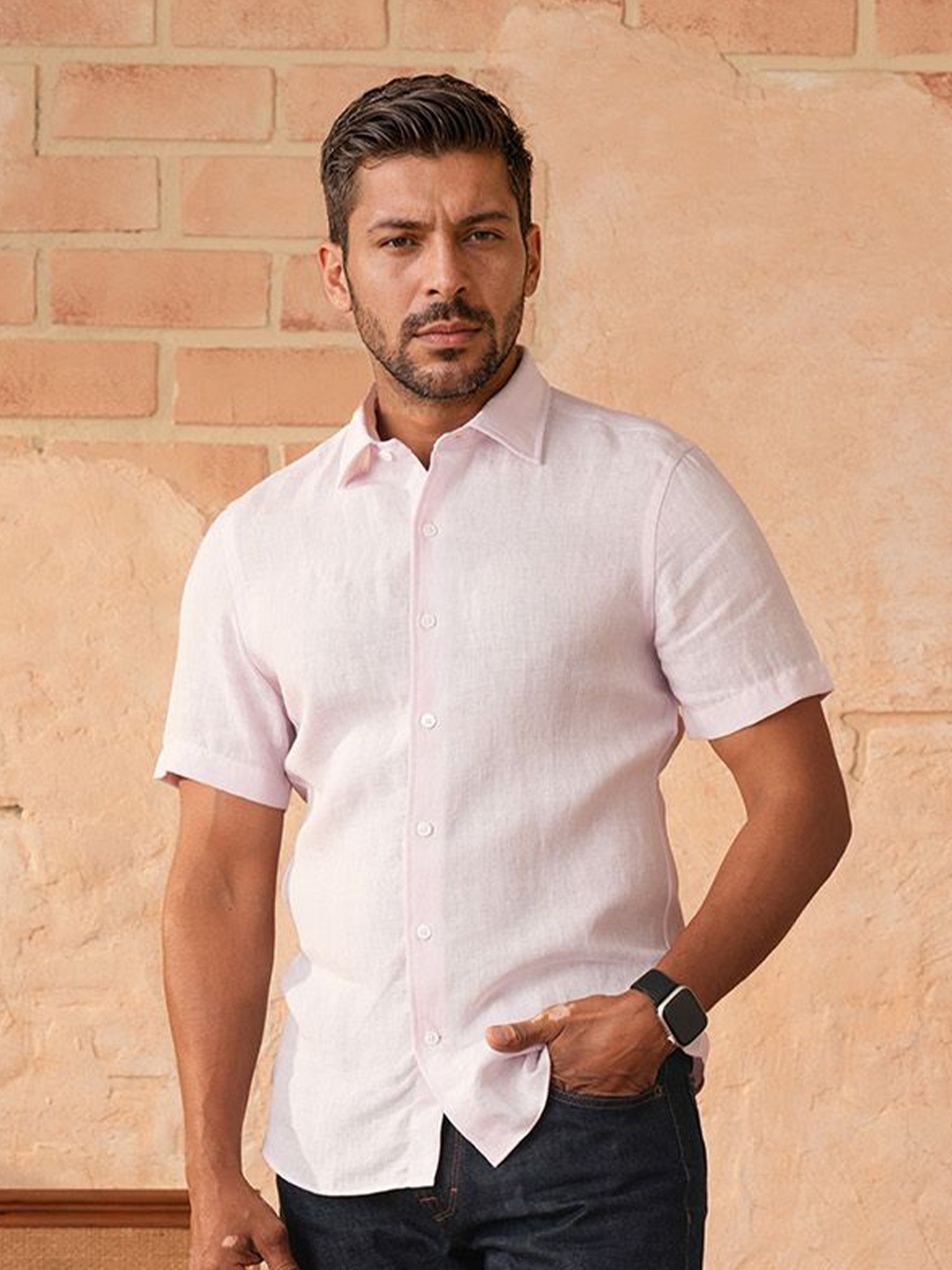 

Monks of Method Men Classic Spread Collar Solid Linen Slim Fit Casual Shirt, Pink