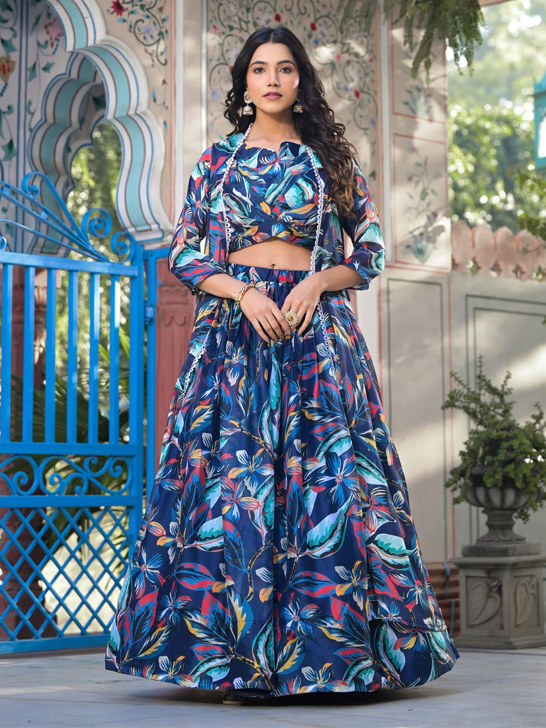 

Meena Bazaar Printed Georgette Ready to Wear Lehenga & & Blouse With Dupatta, Navy blue