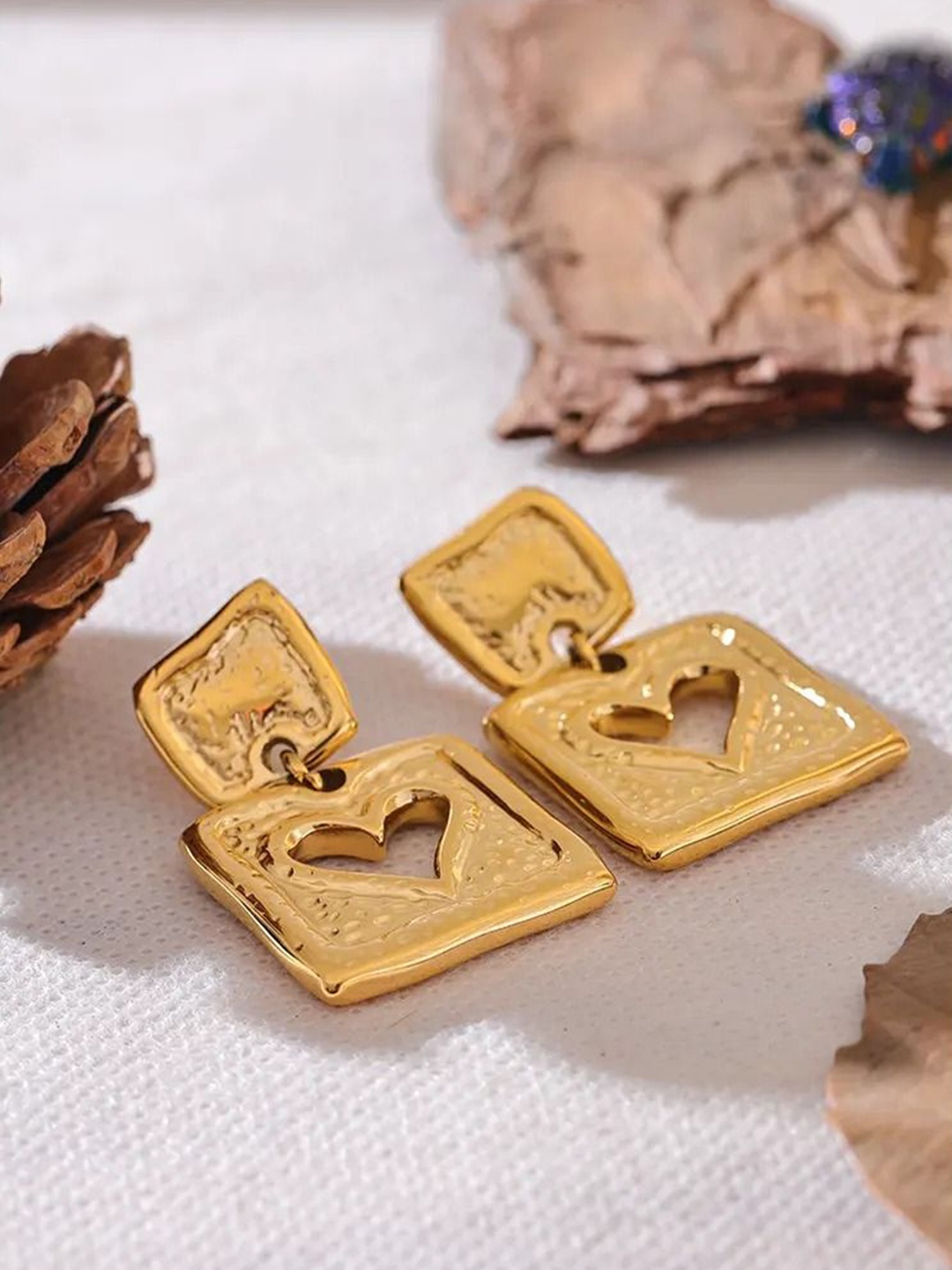 

VIEN Gold-Plated Square-Shaped Heart Drop Dangle Charm Earrings