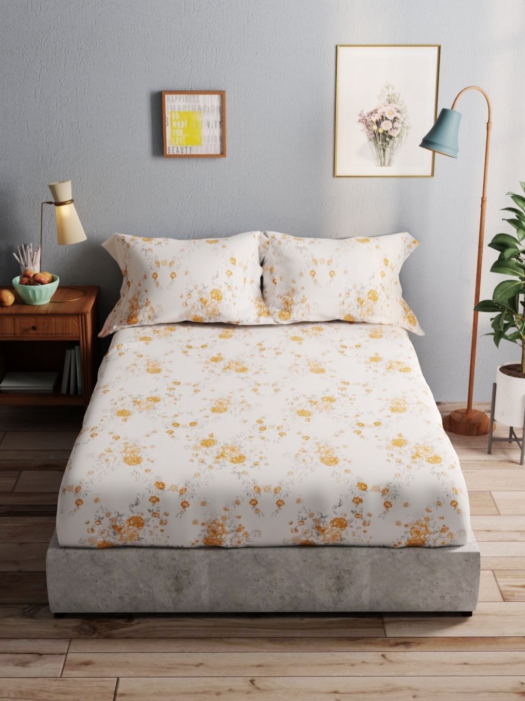 

BIANCA Yellow & White Floral 140 TC Pure Cotton Queen Bedsheet with 2 Pillow Covers