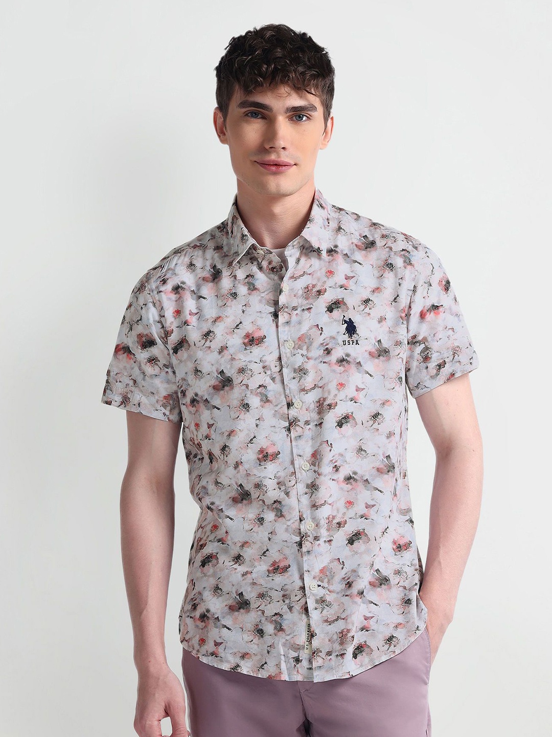 

U.S. Polo Assn. Men Smart Spread Collar Floral Printed Cotton Slim Fit Casual Shirt, Grey