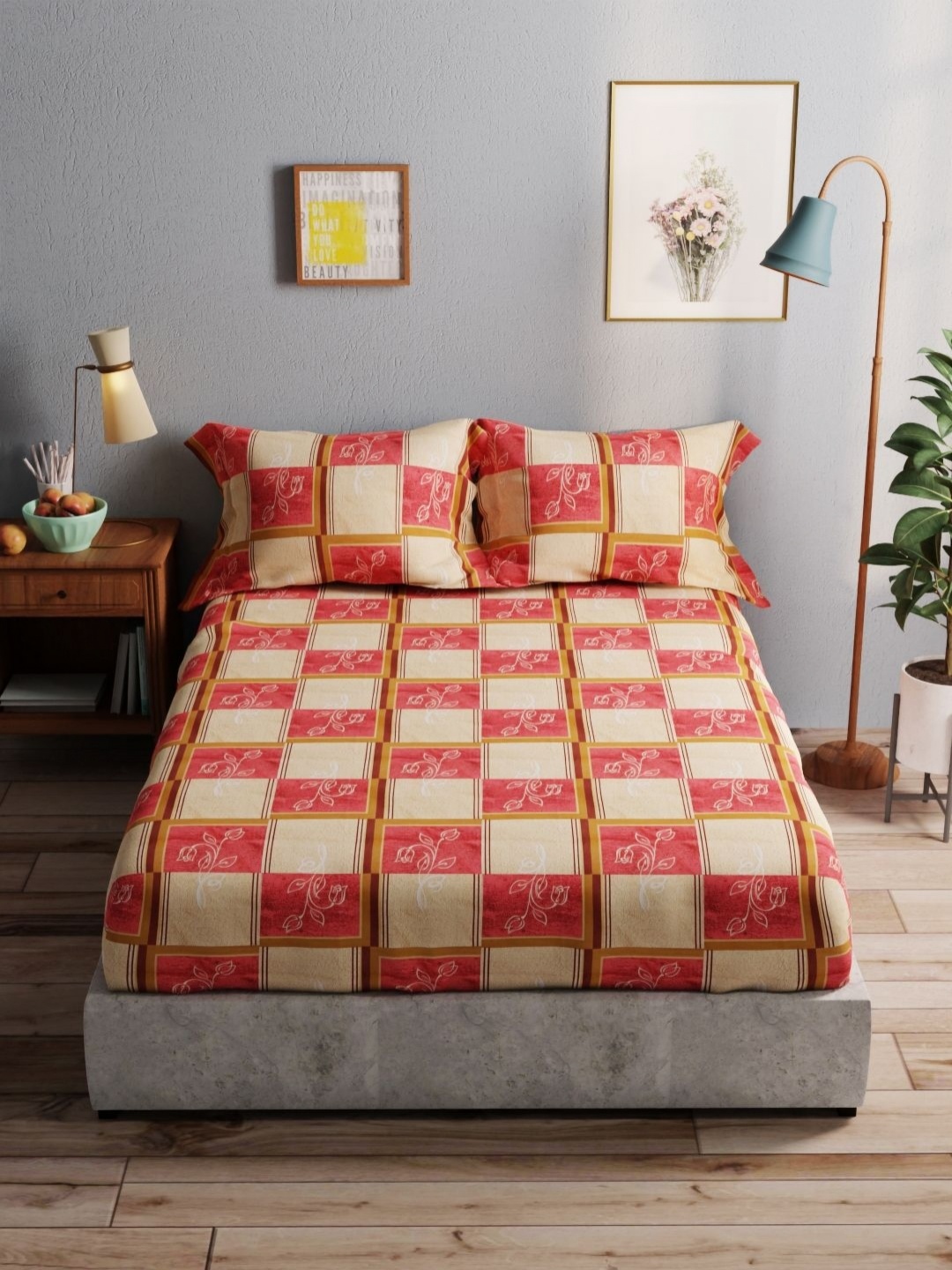 

BIANCA amolina Red Geometric Pure Cotton 140 TC Queen Bedsheet with 2 Pillow Covers