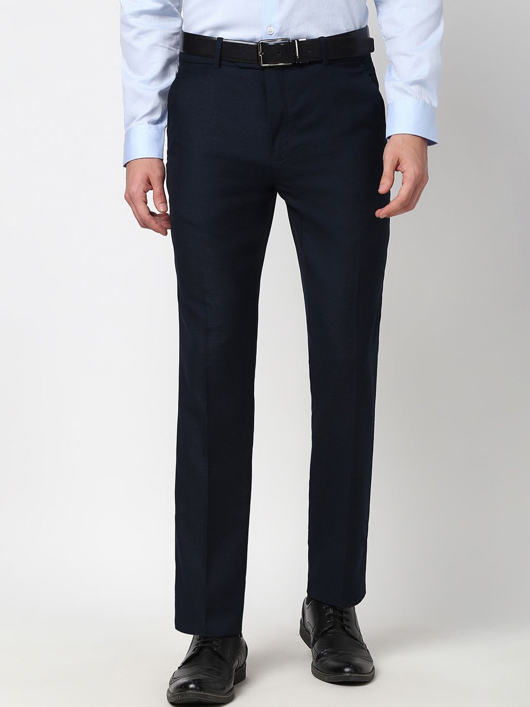 

Peter England Elite Men Textured Printed Slim Fit Trousers, Navy blue