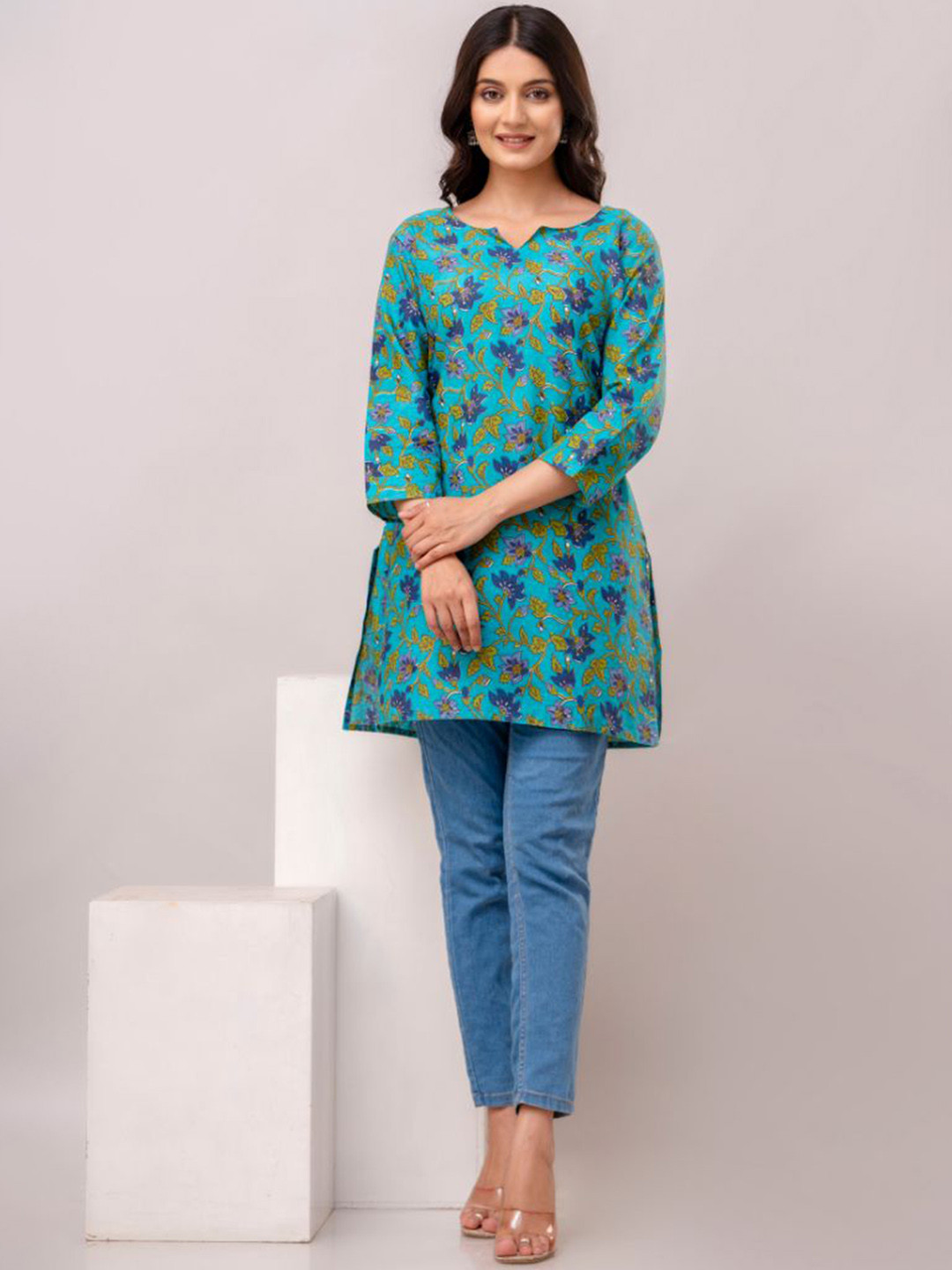 

Arudhi Floral Printed Pure Cotton Straight Kurta, Turquoise blue