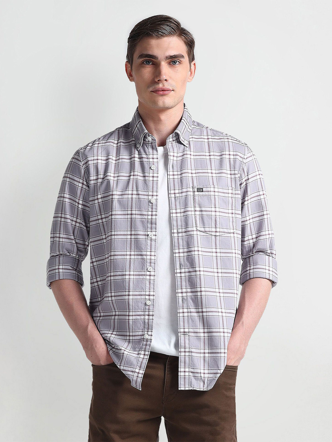 

Arrow Sport Men Smart Button-Down Collar Tartan Checked Cotton Slim Fit Casual Shirt, Grey