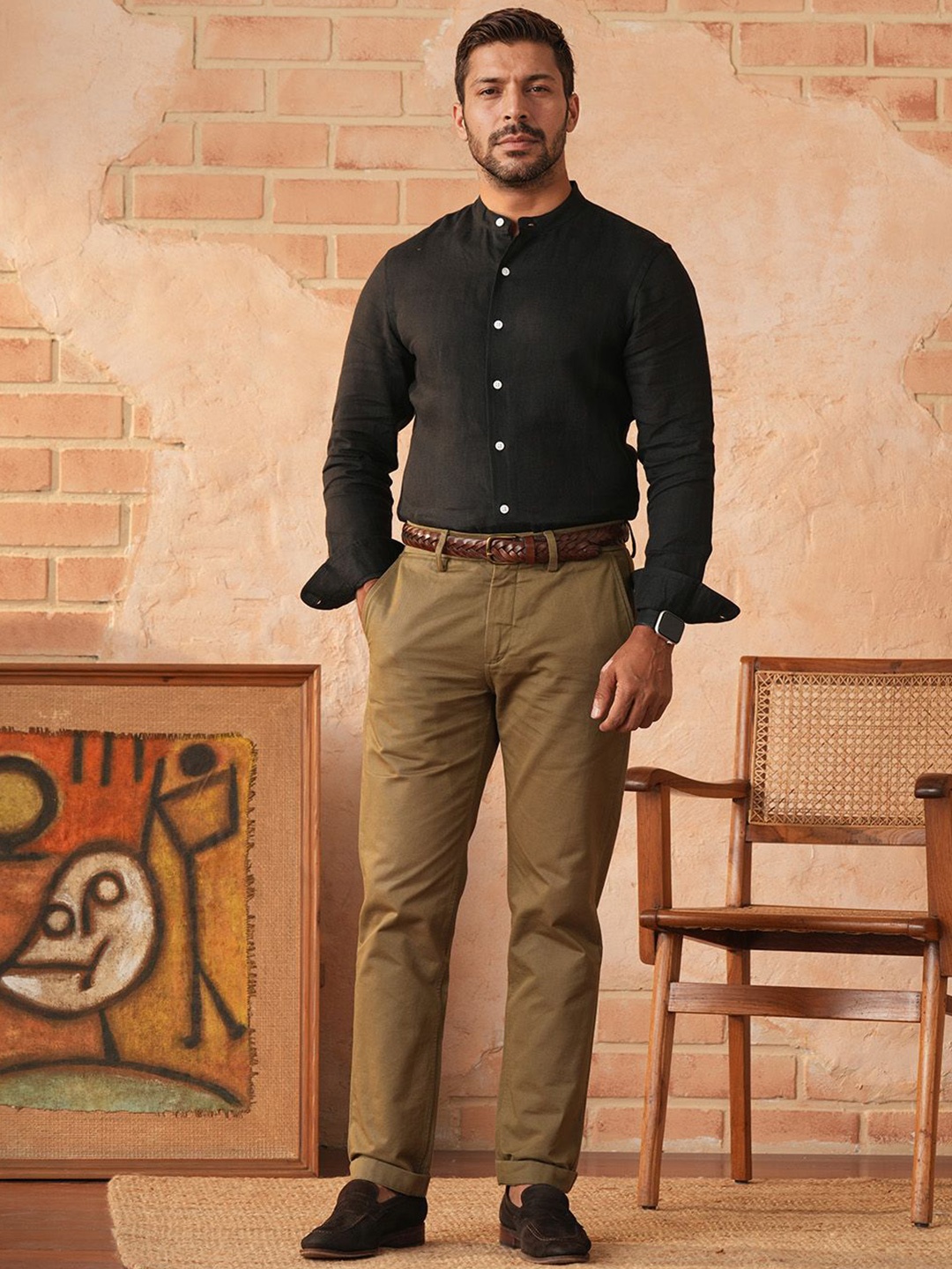 

Monks of Method Men Comfort Band Collar Solid Linen Casual Shirt, Black