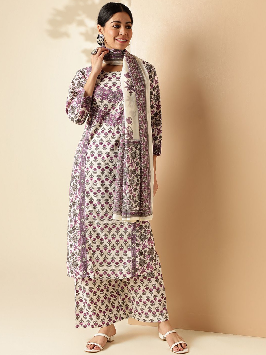 

Vbuyz Floral Printed Regular Pure Cotton Kurta with Palazzos With Dupatta, Cream