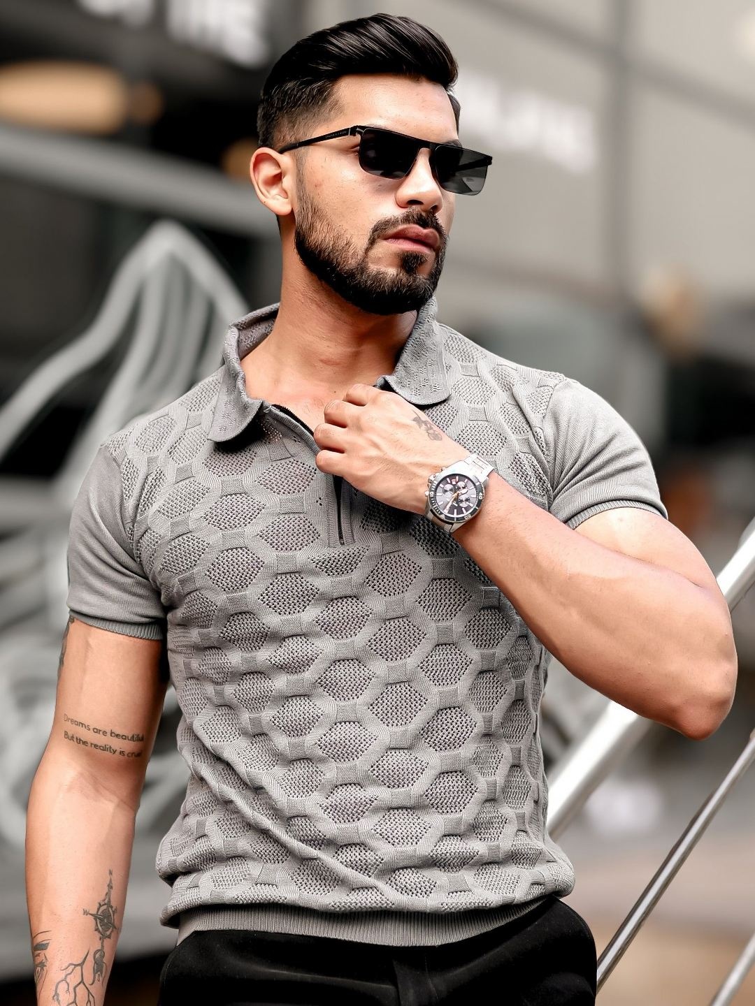 

Maniac Men Self Design Polo Collar Cotton Slim Fit T-shirt, Grey