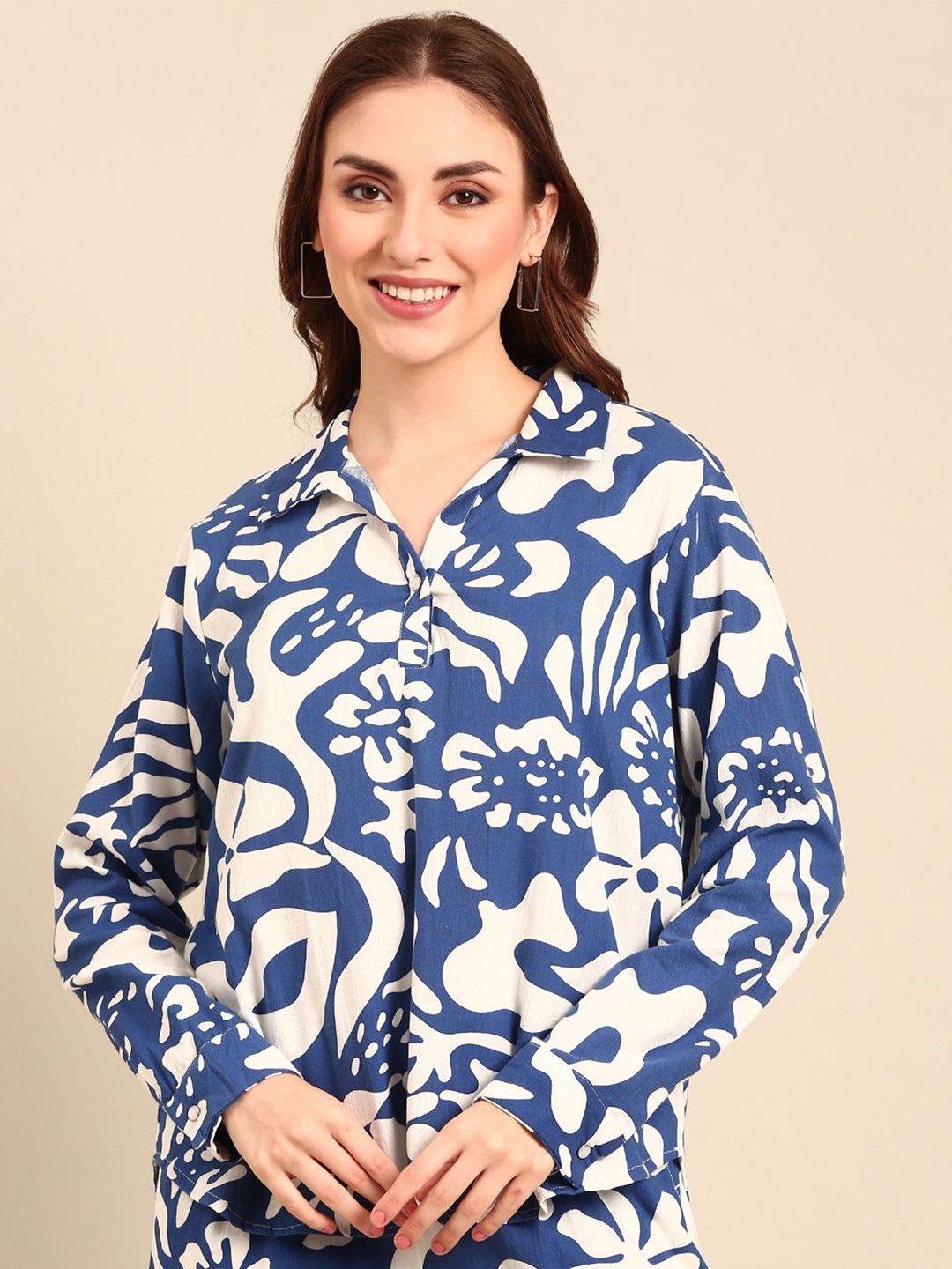 

De Moza Women Floral Printed Shirt Collar Cotton Top, Blue