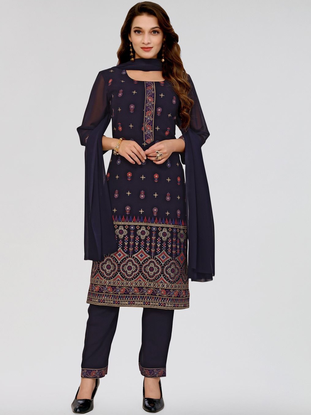 

PYARI - A style for every story Ethnic Motifs Georgette Kurta with Trousers & Dupatta, Navy blue