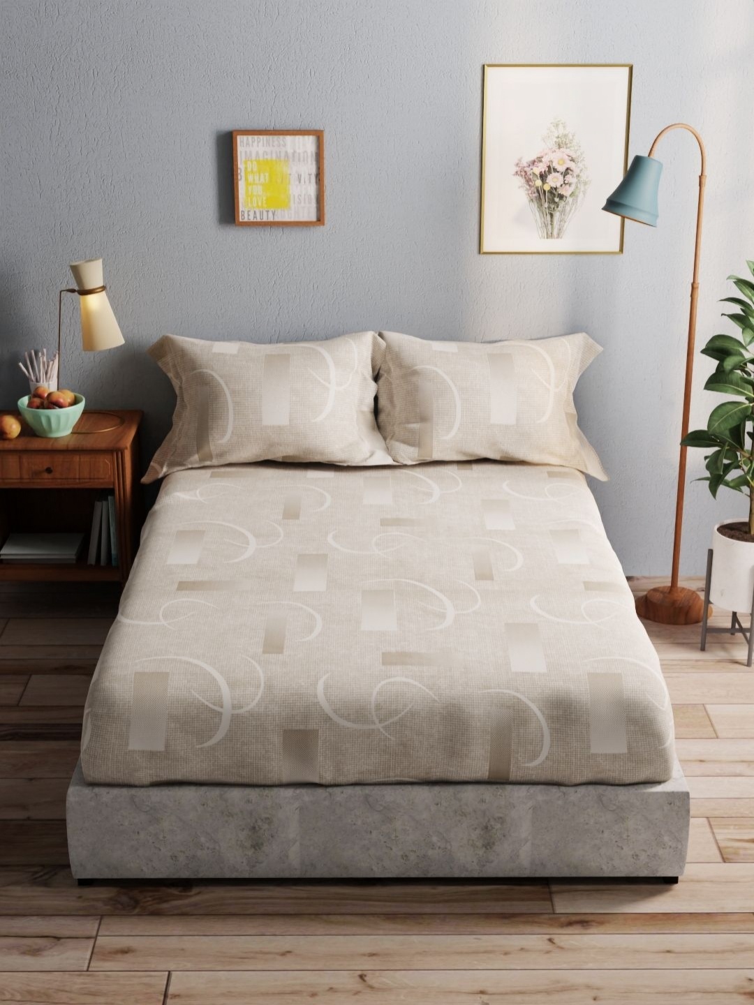 

BIANCA amolina Grey Geometric Pure Cotton 140 TC Queen Bedsheet with 2 Pillow Covers