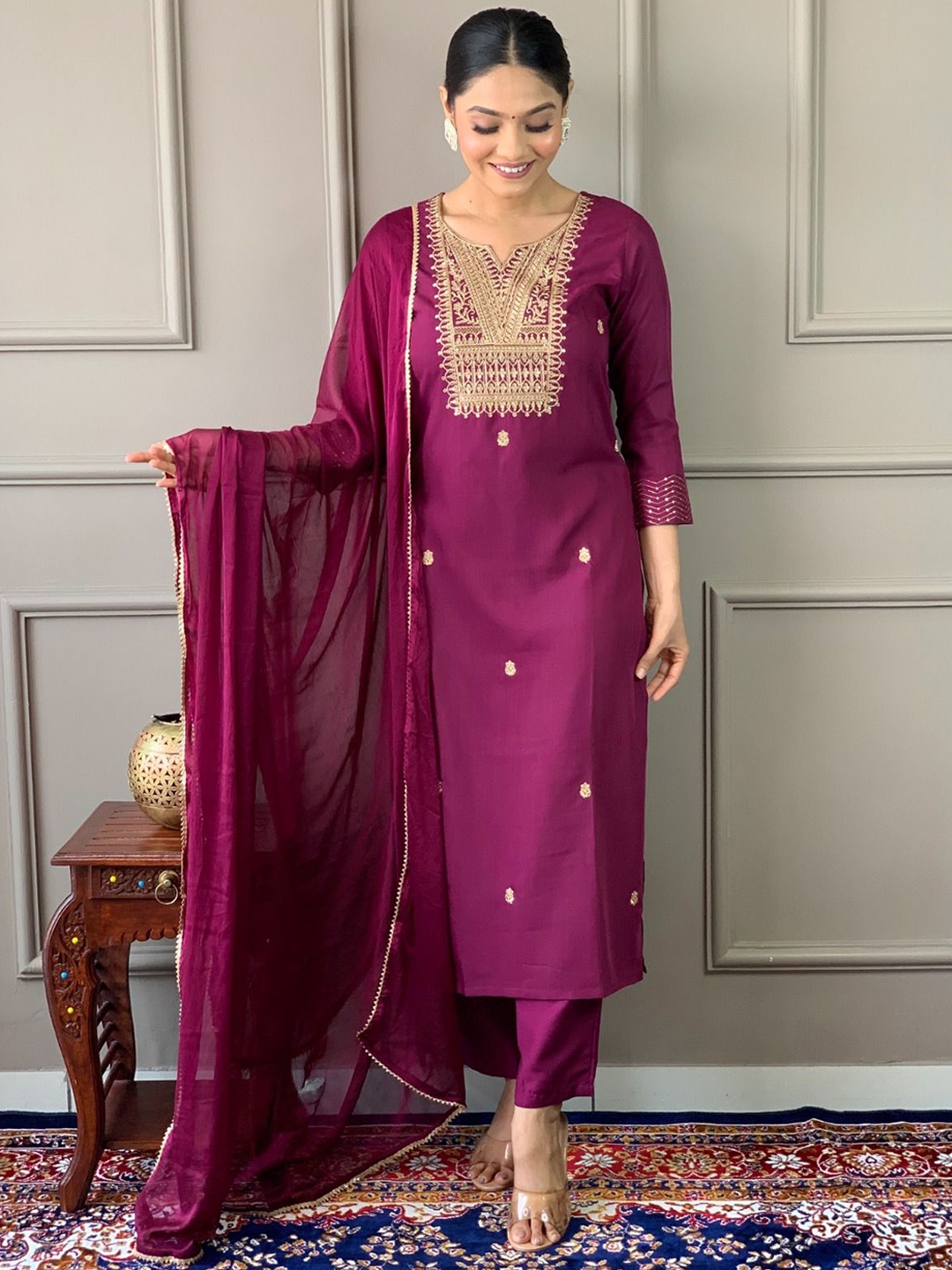 

KALINI Thread Work Notch Neck Chanderi Silk Straight Kurta with Trousers & Dupatta, Magenta