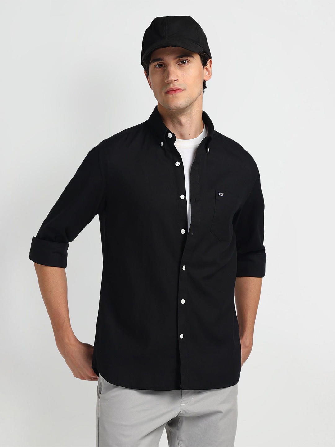 

Arrow Sport Men Smart Button-Down Collar Solid Cotton Slim Fit Casual Shirt, Black