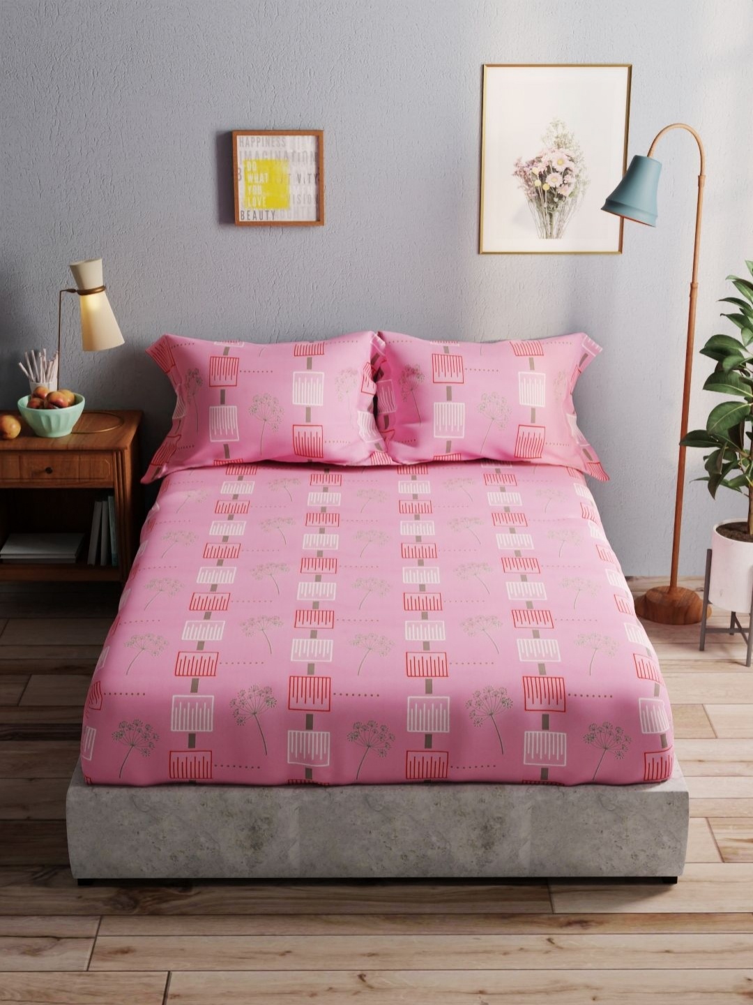 

BIANCA Amolina Pink & Green Floral 140 TC Cotton Queen Bedsheet with 2 Pillow Covers