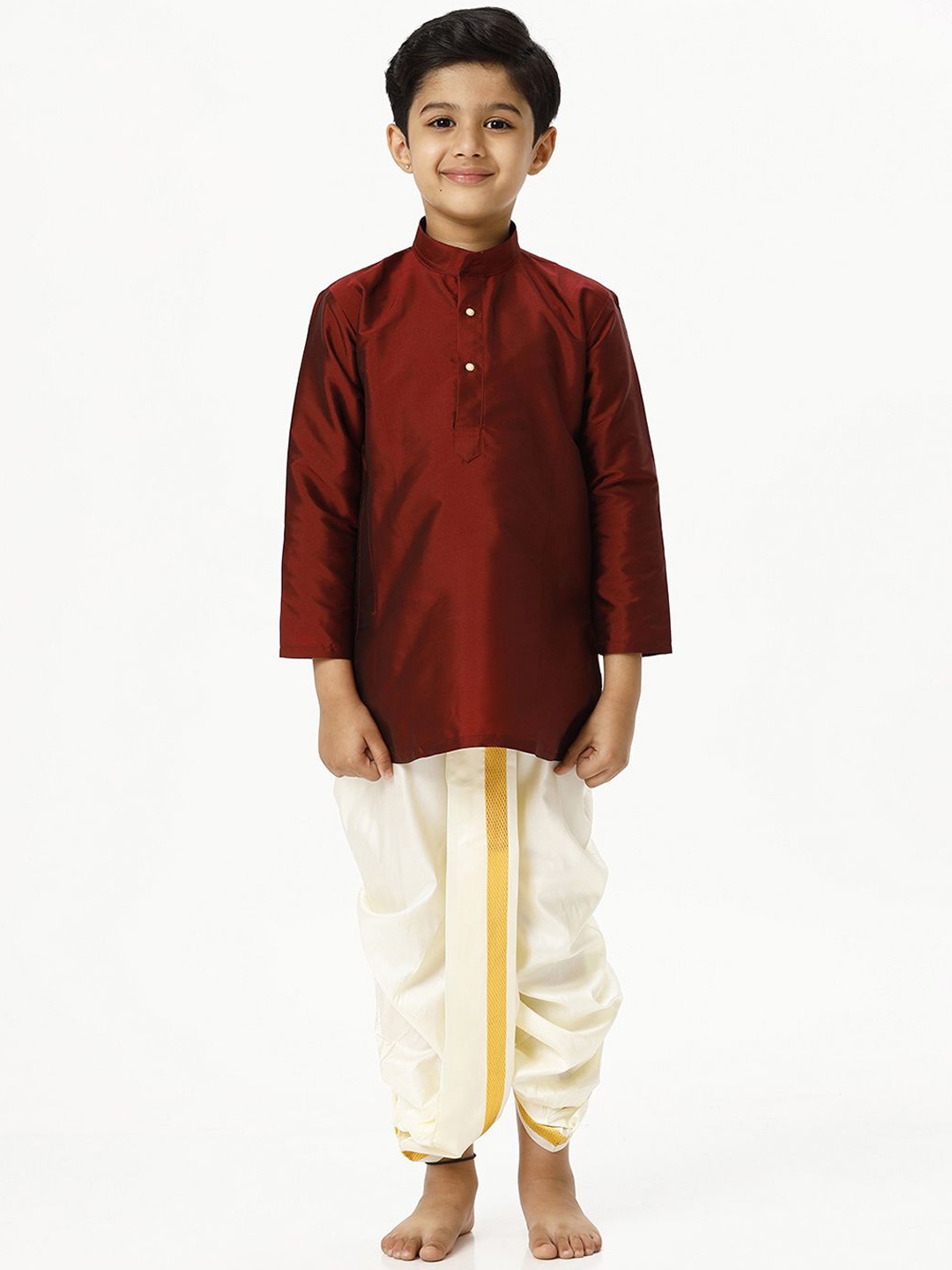 

Ramraj Boys Band Collar Silk Blend Kurta With Panchakacham, Maroon