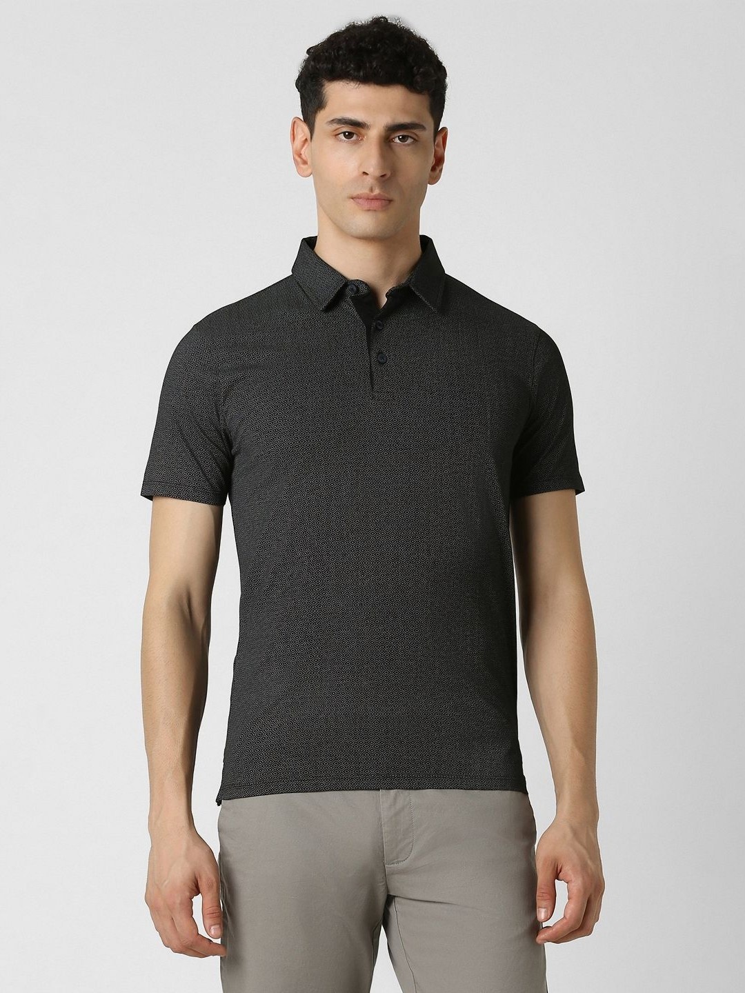 

V Dot Men Geometric Printed Polo Collar Cotton Slim Fit T-shirt, Grey