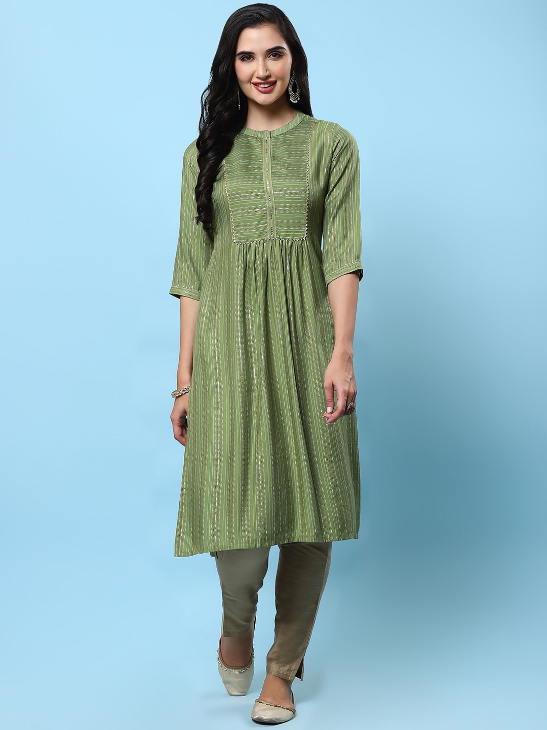 

Shree Striped Gotta Patti Pleated Straight Kurta, Green