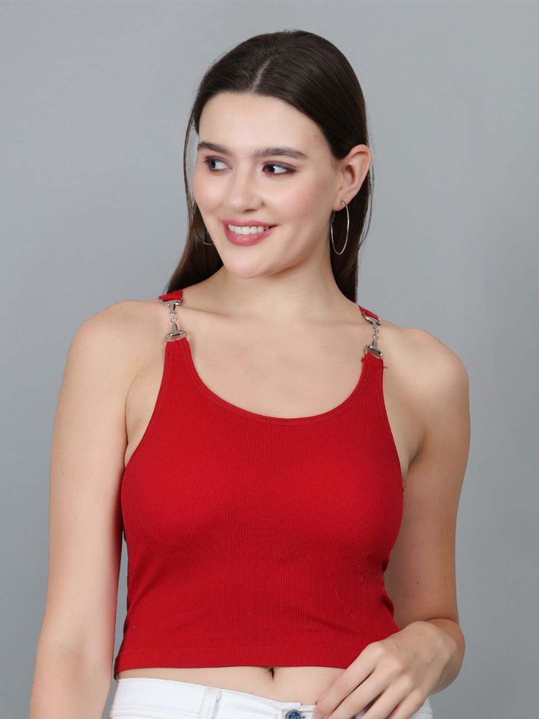 

Fabme Women Solid Scoop Neck Cotton Top, Red