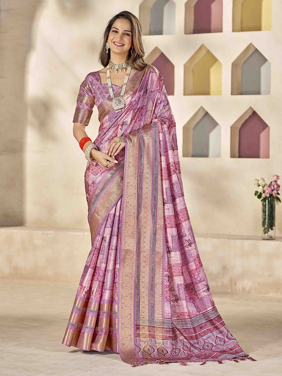 

Ethnielle Floral Printed Banarasi Zari Saree, Mauve