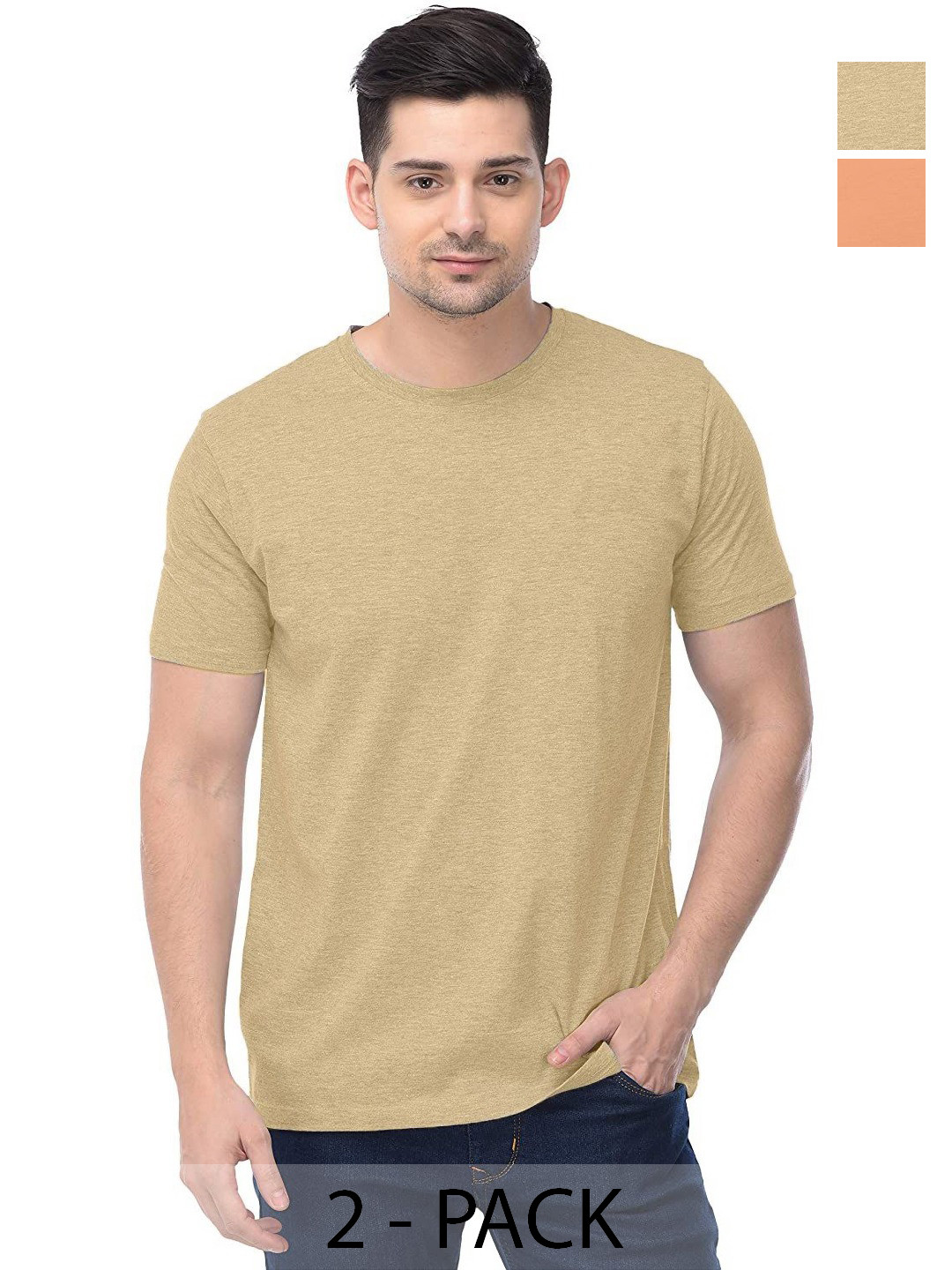 

COLOR CAPITAL Unisex Pack Of 2 Solid Round Neck Cotton T-Shirts, Beige