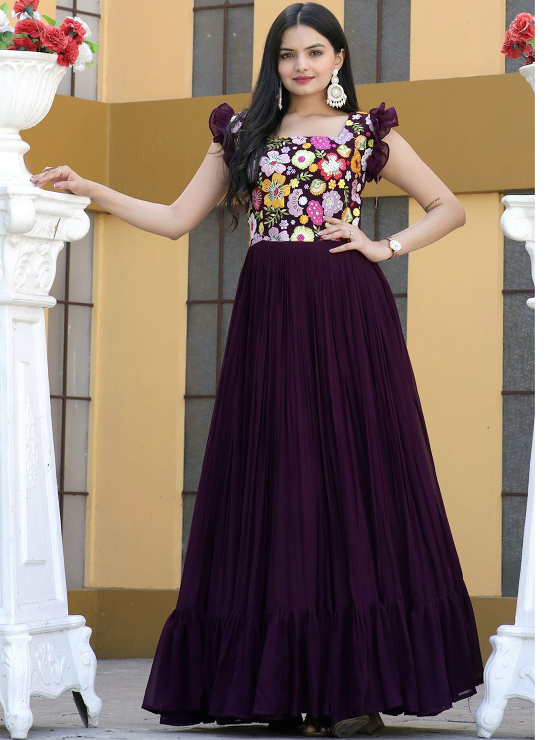 

KALINI Floral Embroidered Georgette Flutter Sleeve Maxi Ethnic Dress, Purple