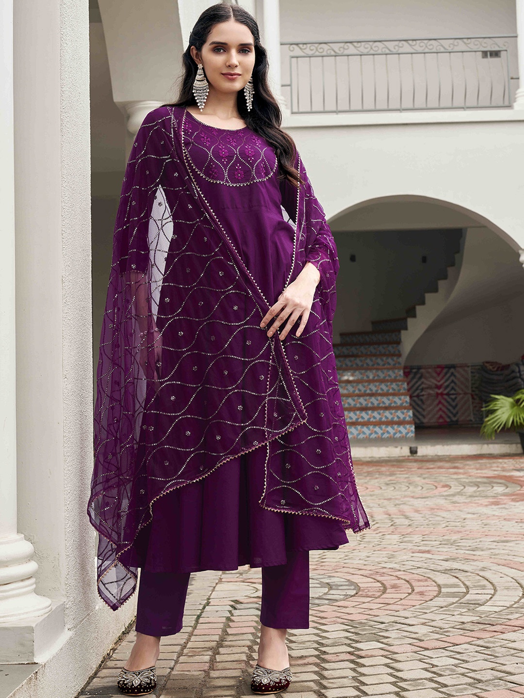 

Tikhi Imli Floral Embroidered Sequinned Pure Cotton Anarkali Kurta with Trousers & Dupatta, Burgundy