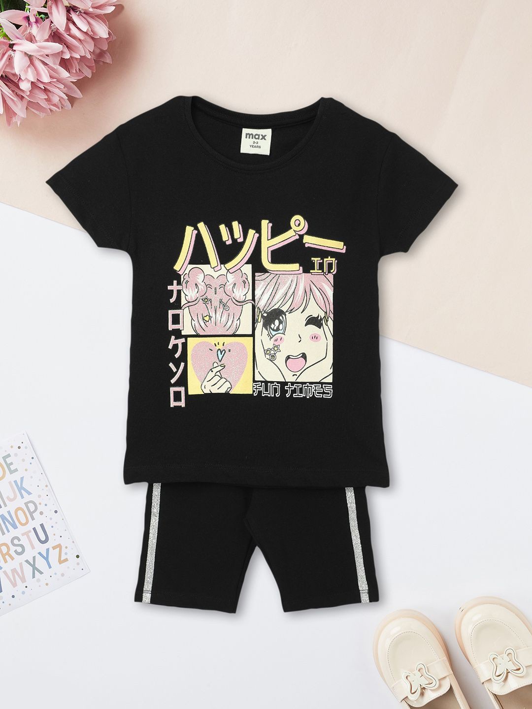 

max Girls Printed Pure Cotton T-shirt With Shorts, Black