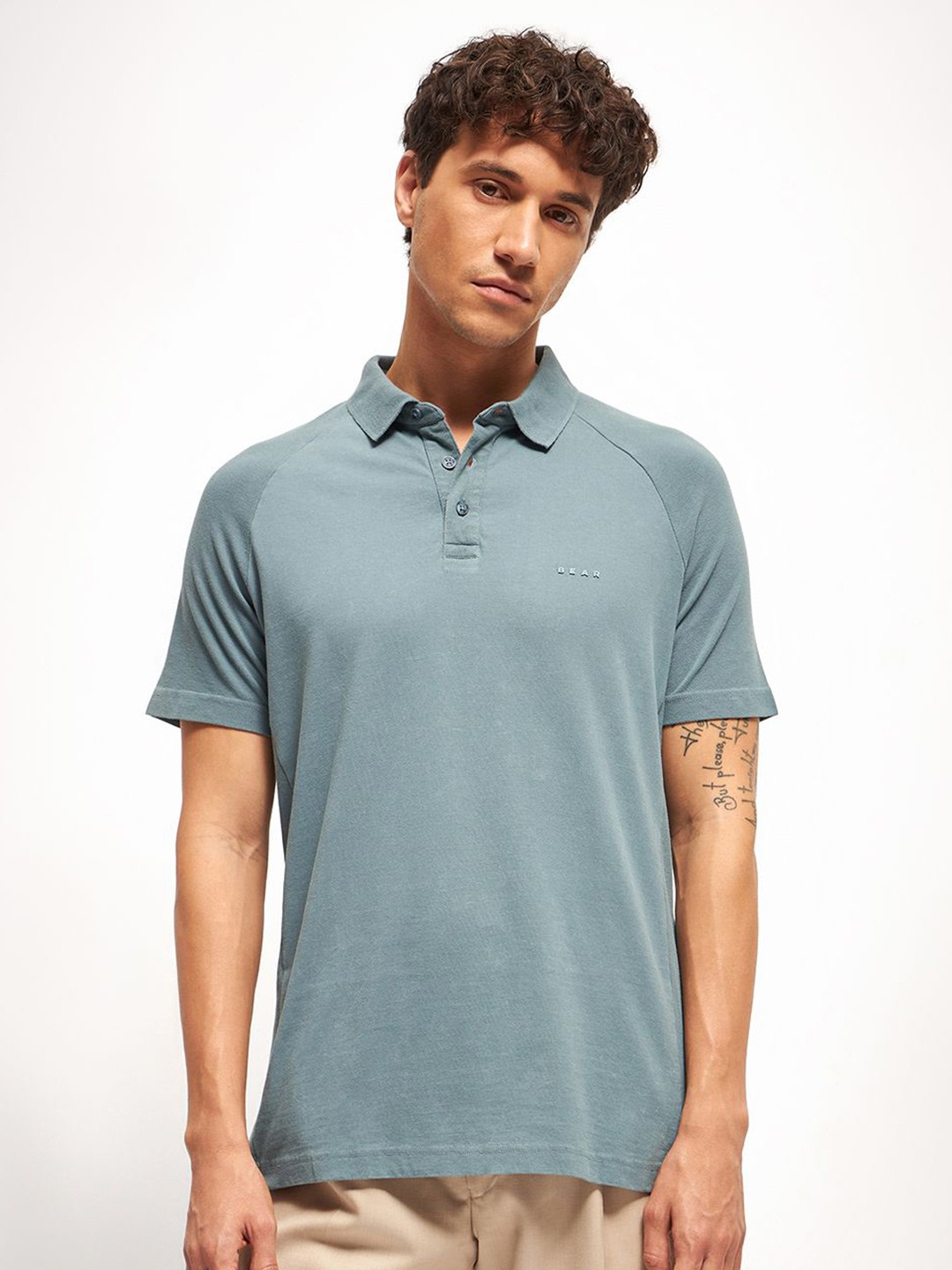 

THE BEAR HOUSE Men Solid Polo Collar Cotton T-shirt, Teal