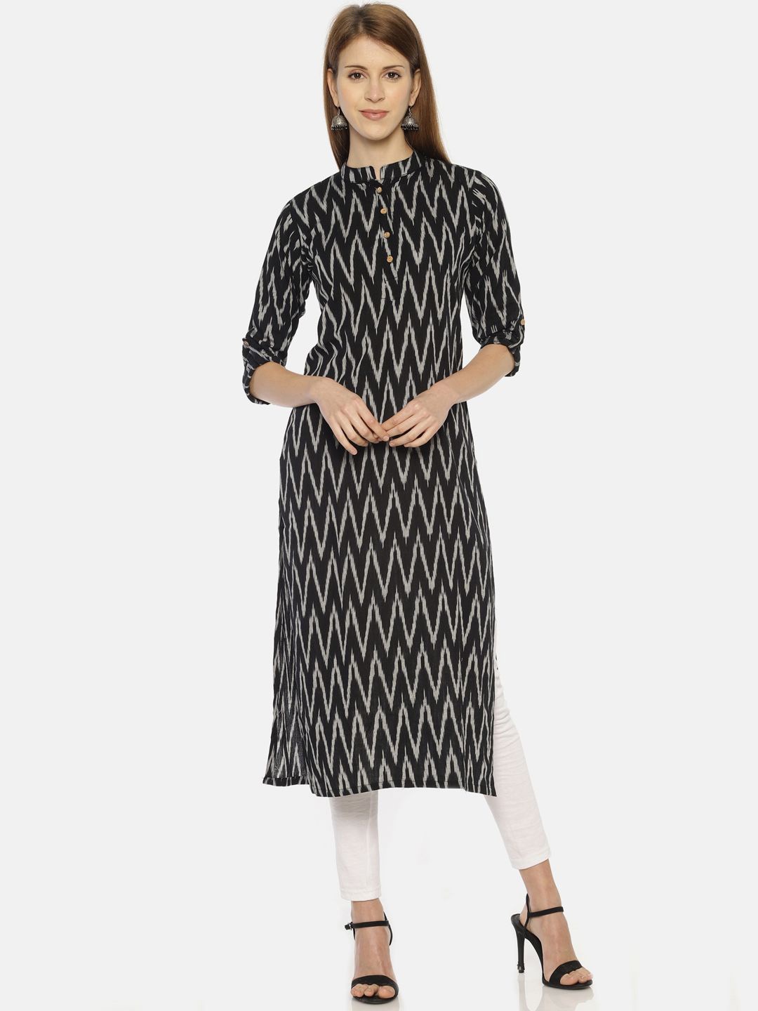 

Resha Geometric Printed Mandarin Collar Pure Cotton Straight Kurta, Black