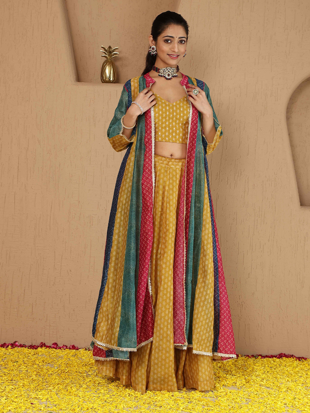 

Meena Bazaar Embroidered Mirror Work Ready to Wear Lehenga & Choli With Jacket, Yellow