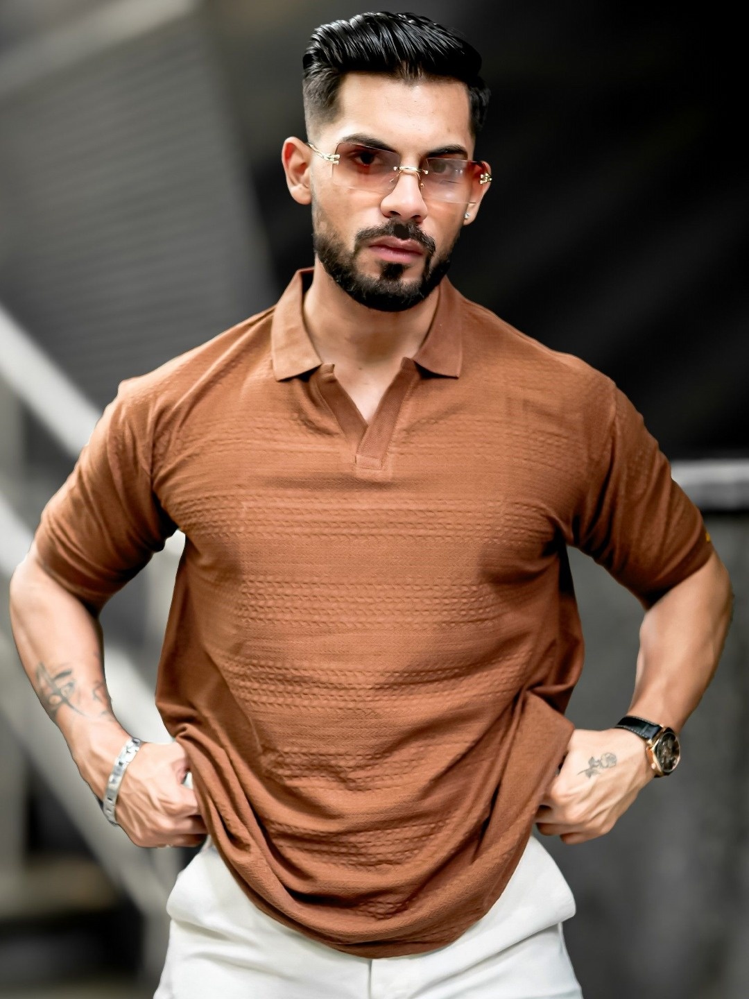 

Maniac Men Self Design Polo Collar Cotton T-shirt, Brown