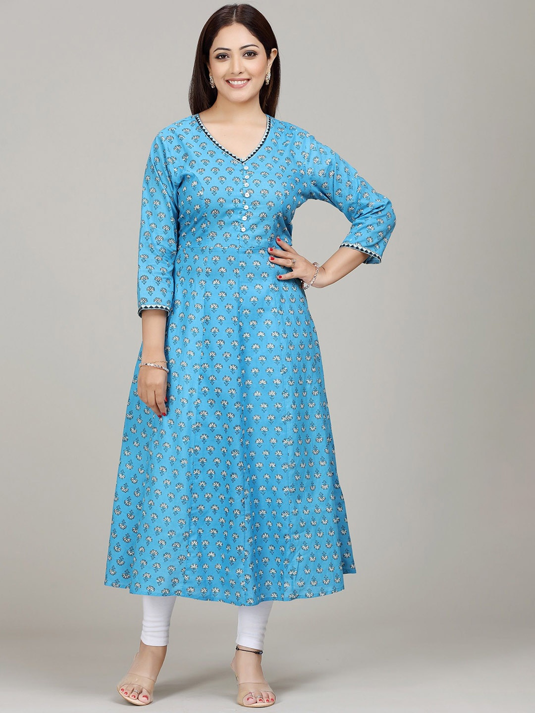 

COTTON CULTURE Floral Printed V-Neck Jaipuri Cotton Anarkali Kurta, Blue