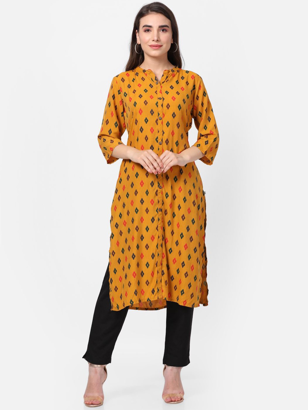 

Shree Geometric Printed Mandarin Collar Straight Kurta, Mustard