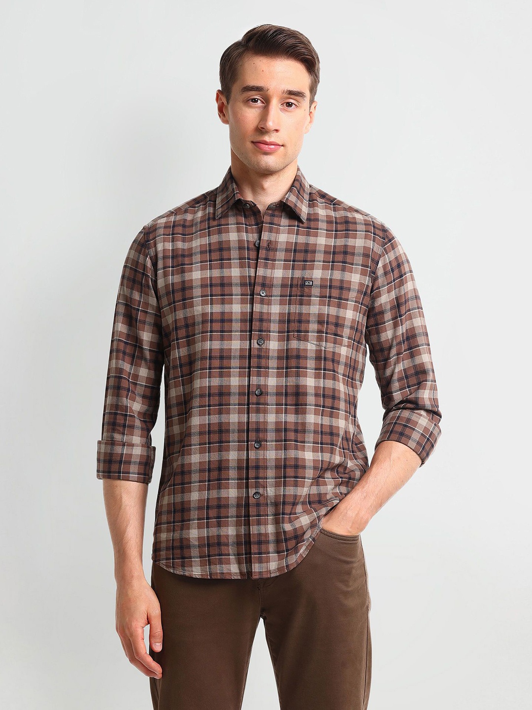 

Arrow Men Modern Spread Collar Tartan Checked Cotton Slim Fit Casual Shirt, Brown