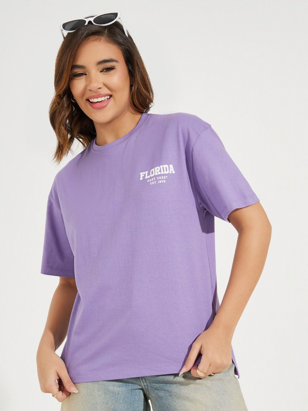 

Styli Oversized Back Florida Printed Longline T-Shirt, Purple
