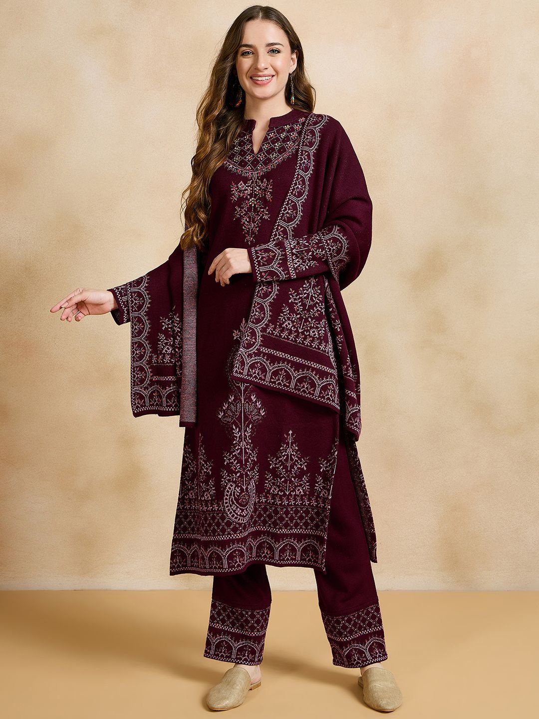 

CLAPTON Floral Embroidered Thread Work Pure Woollen Straight Kurta with Trousers & Dupatta, Maroon
