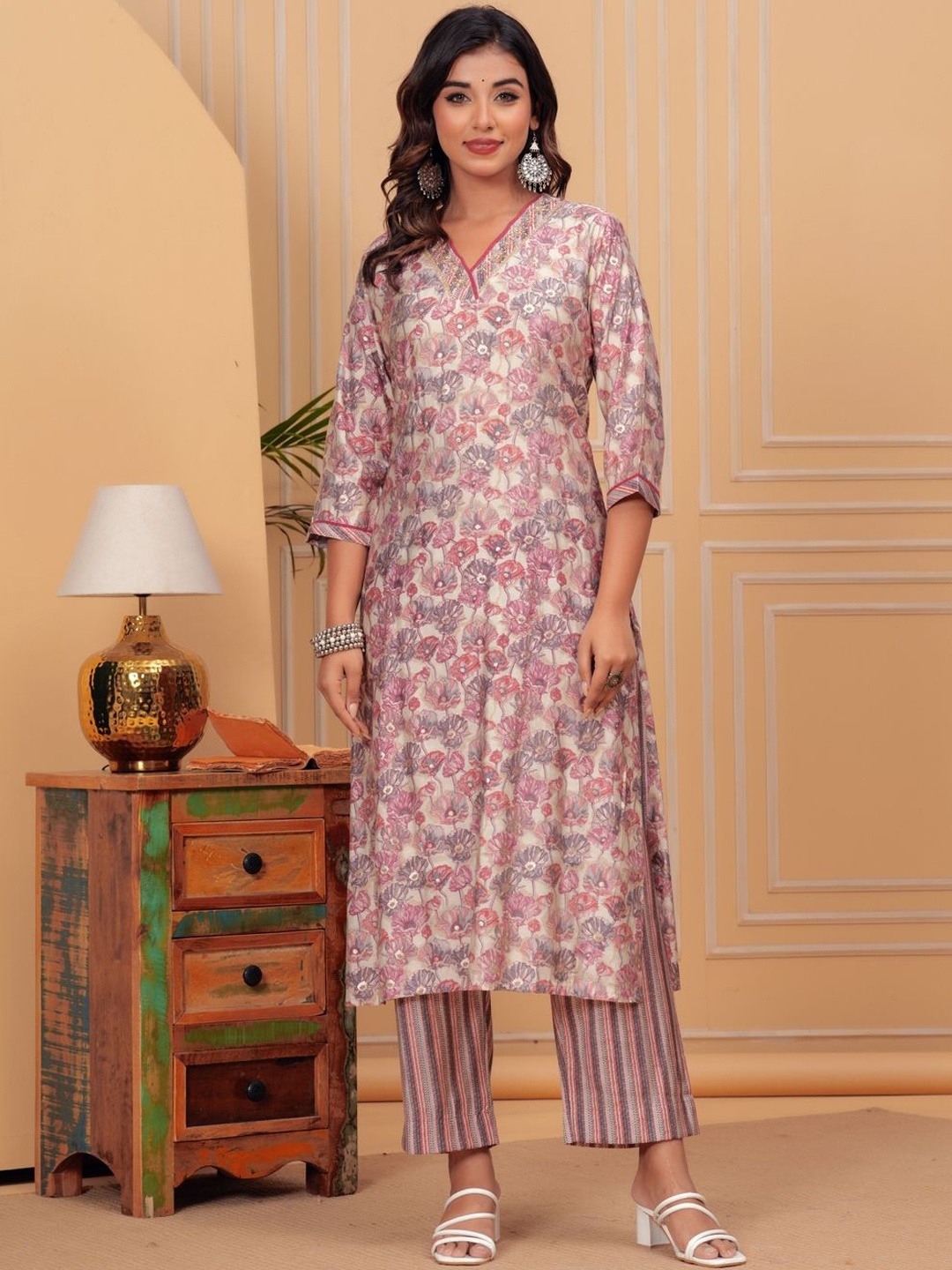 

KALINI Floral Printed V-Neck Thread Work Pure Muslin Straight Kurta with Trousers, Pink