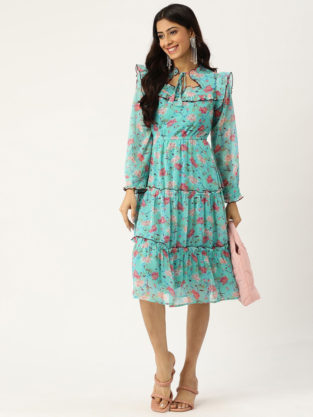 

Deewa Floral Print Tie-Up Neck Georgette Fit & Flare Maxi Dress, Blue