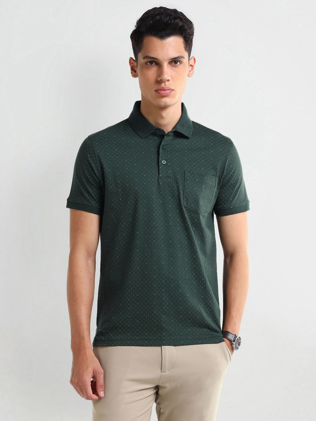

Arrow Men Abstract Printed Polo Collar Cotton T-shirt, Green