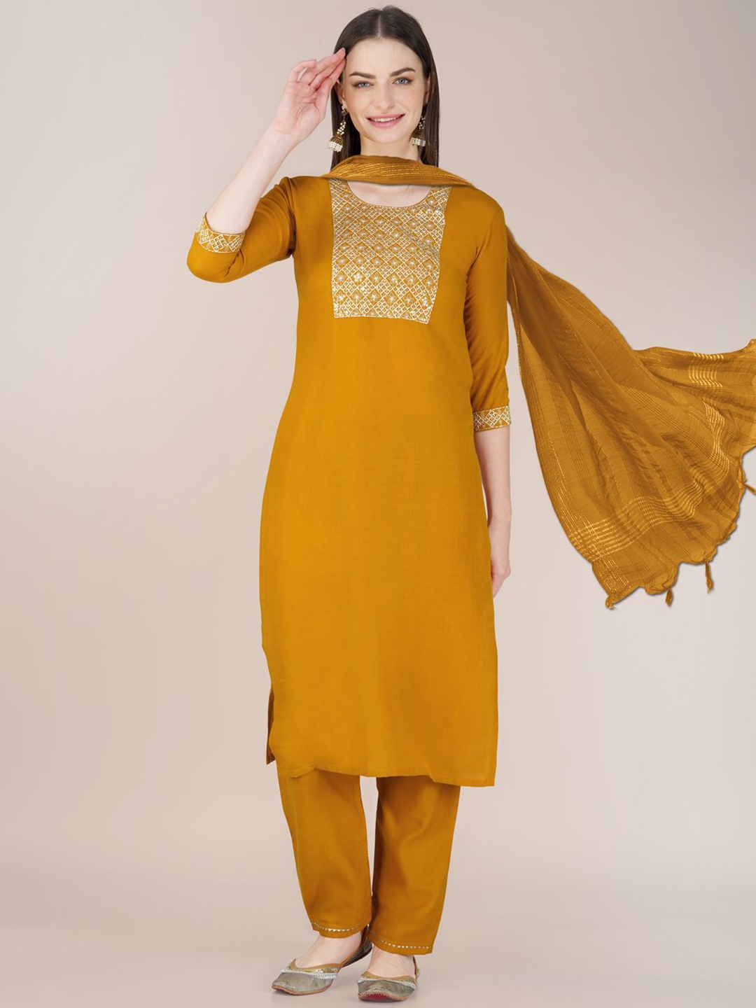 

WILNERCROWN Floral Yoke Design Regular Sequinned Kurta With Trousers & Dupatta, Yellow
