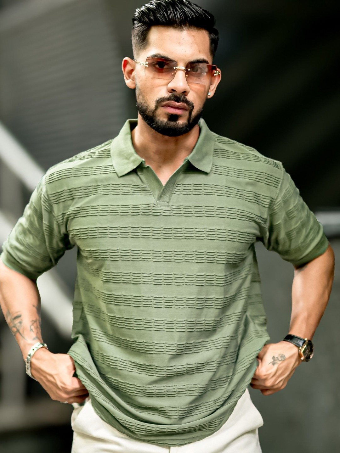 

Maniac Men Self Design Polo Collar Cotton T-shirt, Green