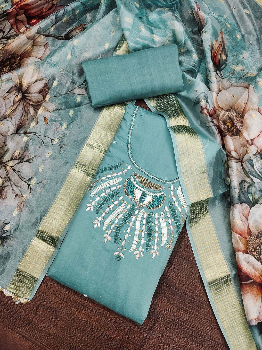 

KALINI Floral Embellished Beads and Stones Pure Silk Unstitched Dress Material, Sea green