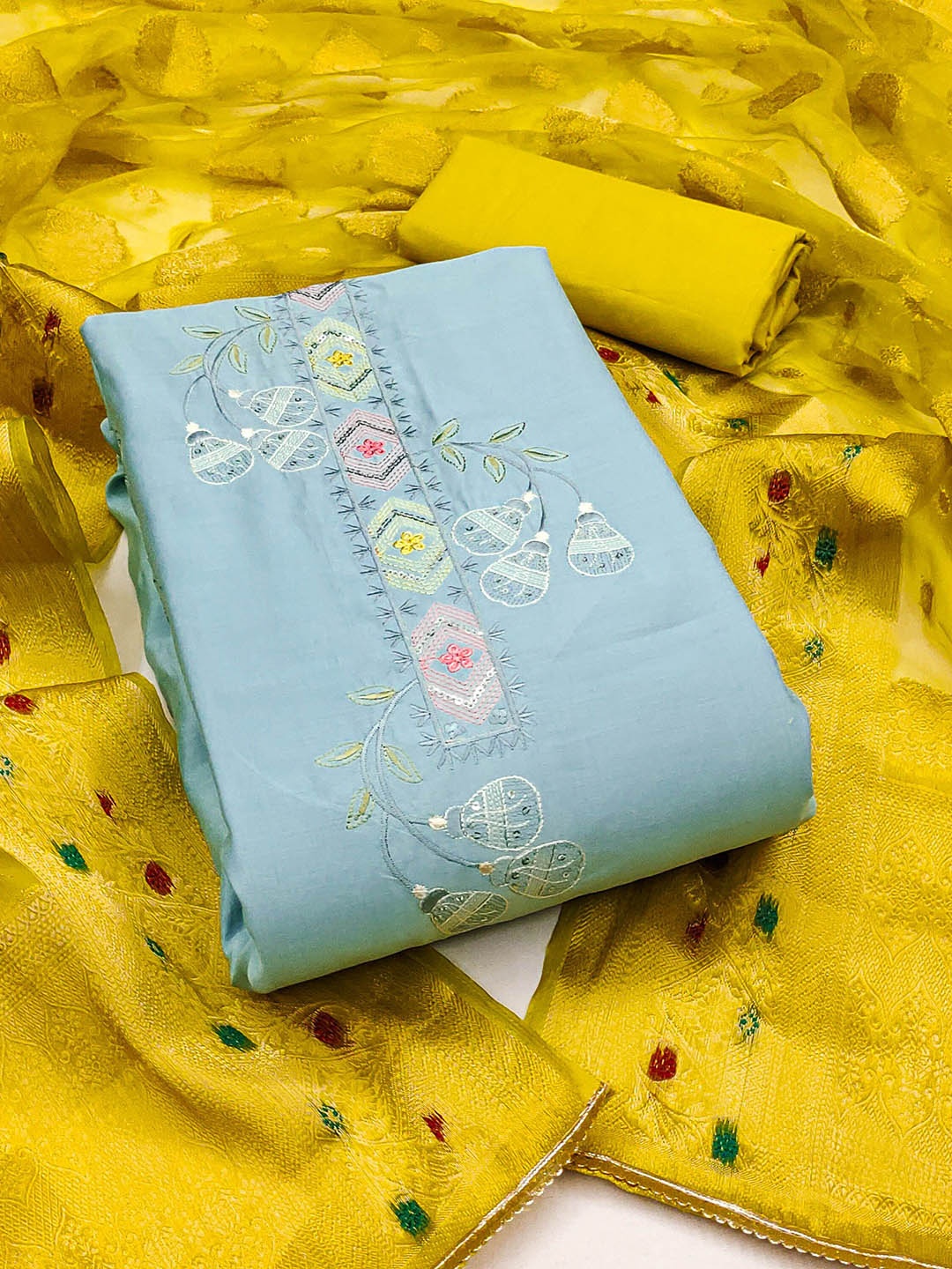 

KALINI Floral Embroidered Sequinned Pure Silk Unstitched Dress Material, Blue