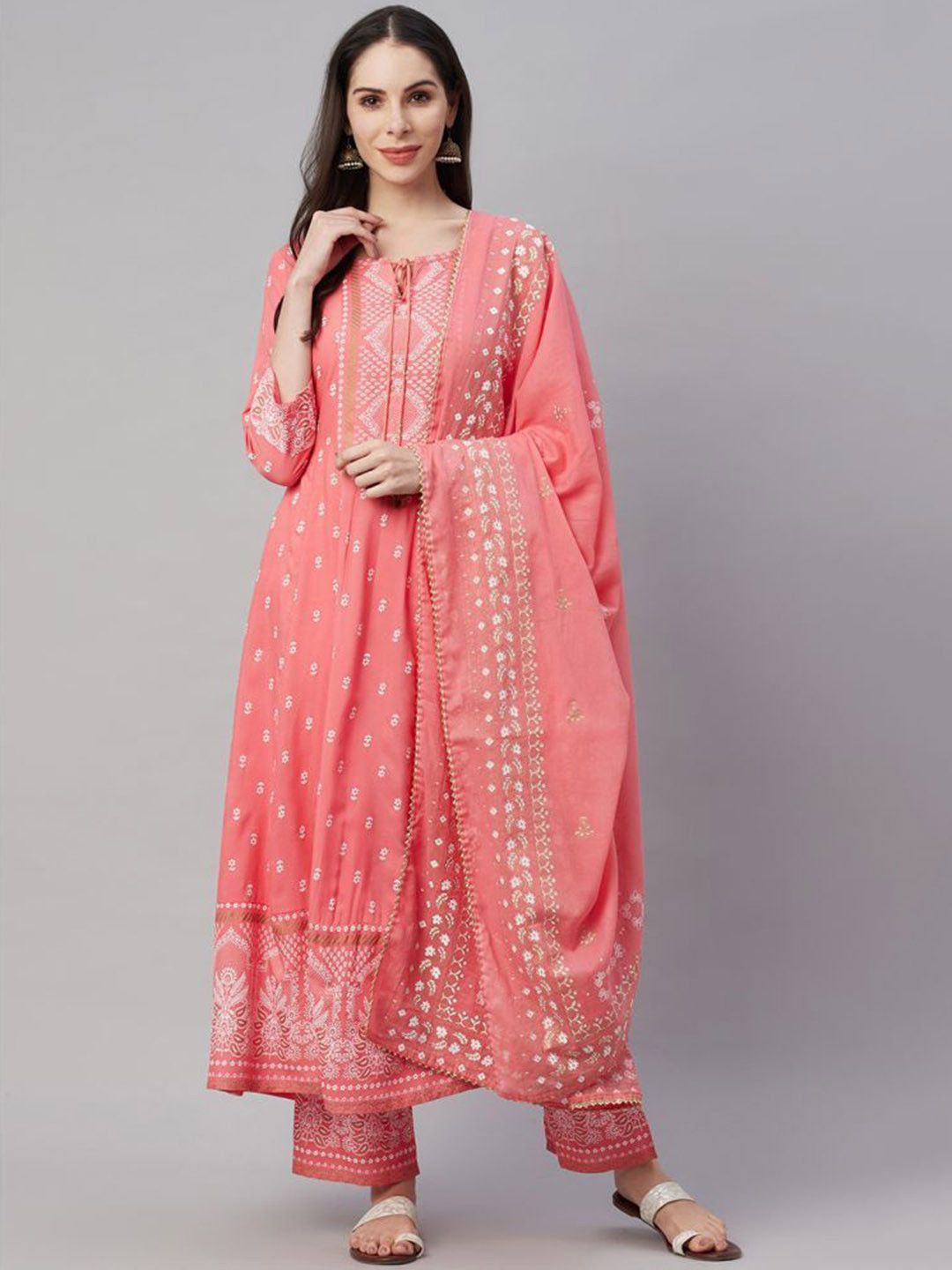 

TOP 2 BOTTOM Floral Printed Tie-Up Neck Anarkali Kurta With Palazzos & Dupatta, Peach