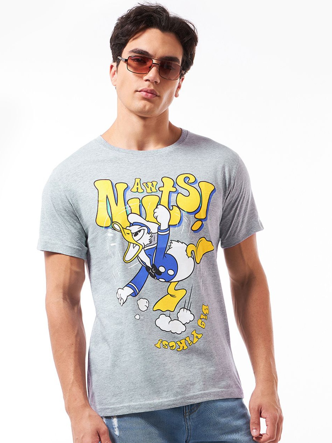 

Bewakoof Men Graphic Printed Round Neck Cotton T-shirt, Grey