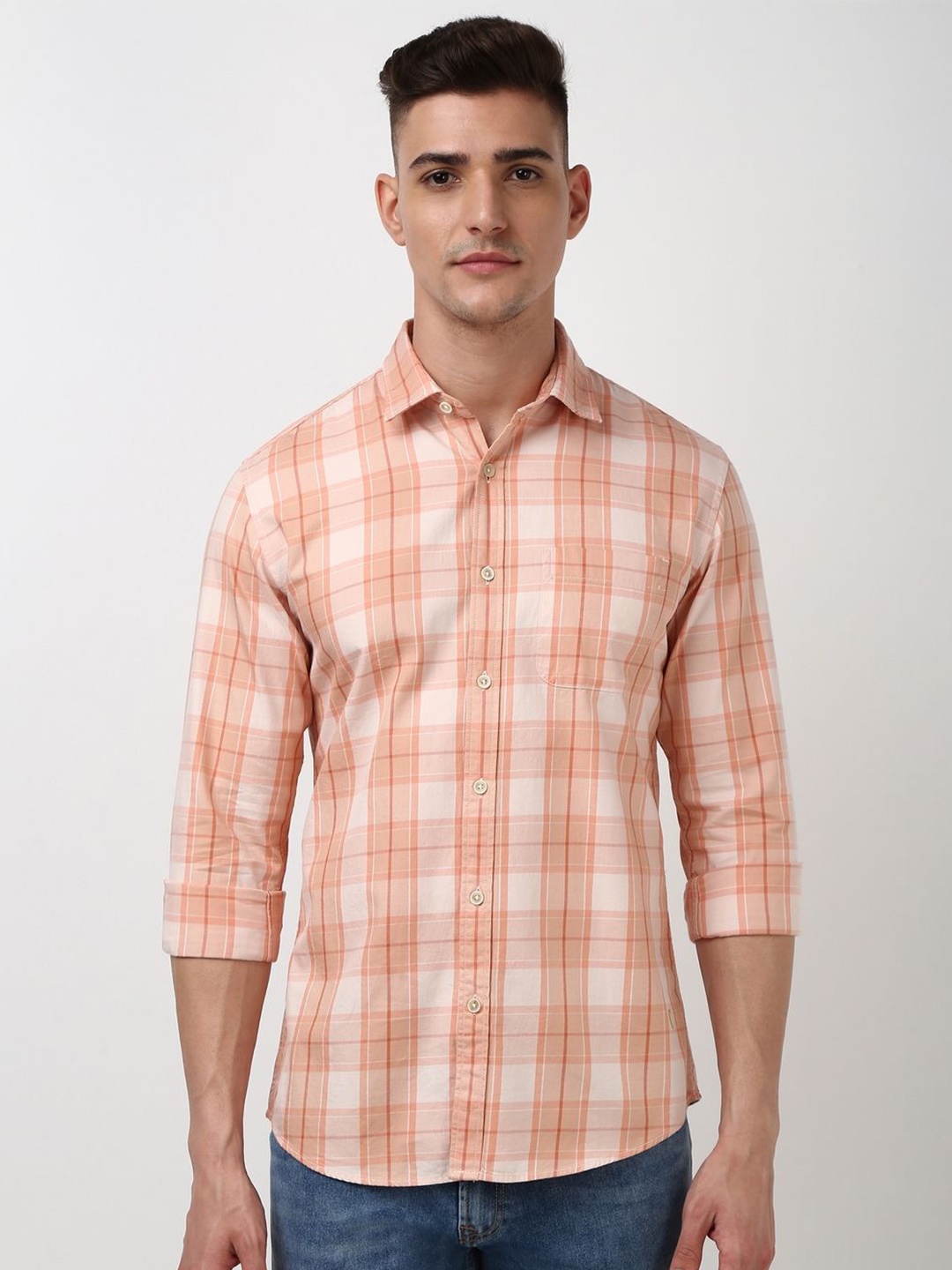 

Peter England Casuals Men Spread Collar Tartan Checked Cotton Slim Fit Casual Shirt, Orange