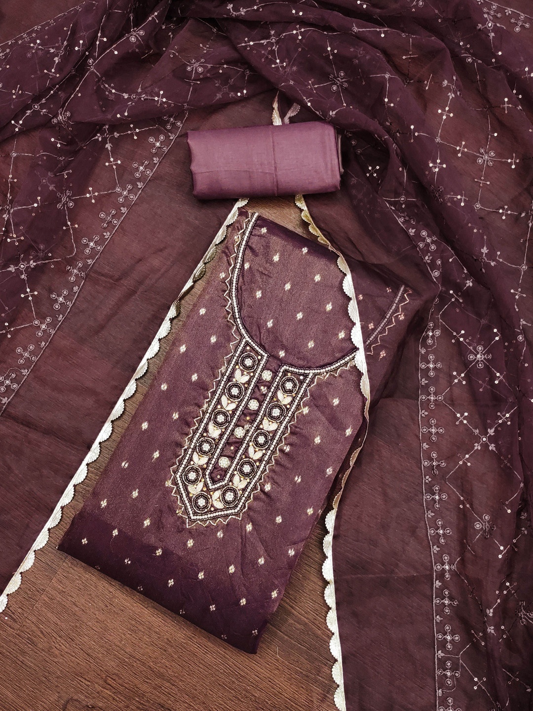

KALINI Floral Woven Design Zari Organza Jacquard Unstitched Dress Material, Burgundy
