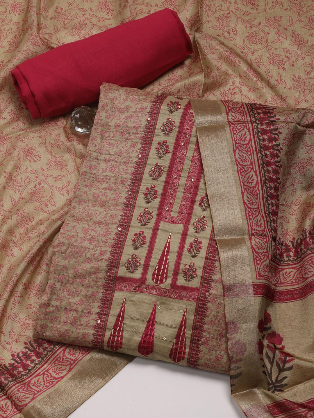 

Meena Bazaar Floral Printed Sequinned Unstitched Dress Material, Beige