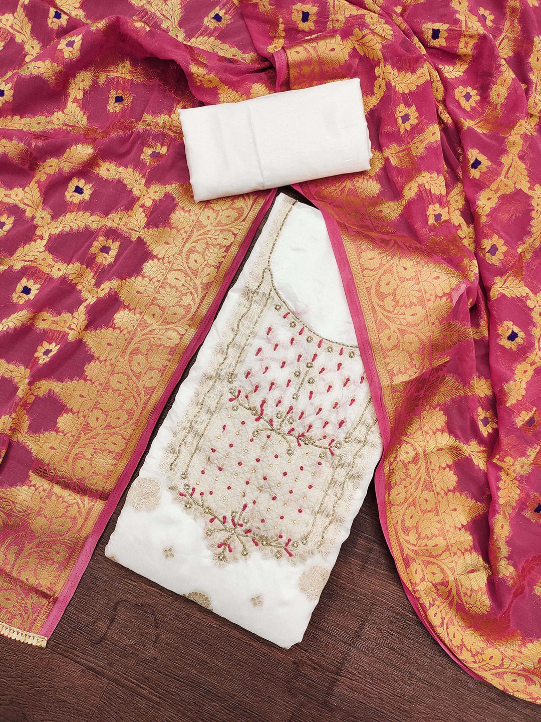 

KALINI Floral Embellished Beads and Stones Unstitched Dress Material, White